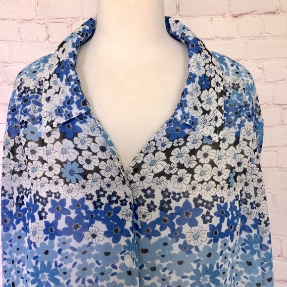 Blair Blue and White Floral Long Sleeve Button Down Sheer Top - Size Large - Picture 2 of 7